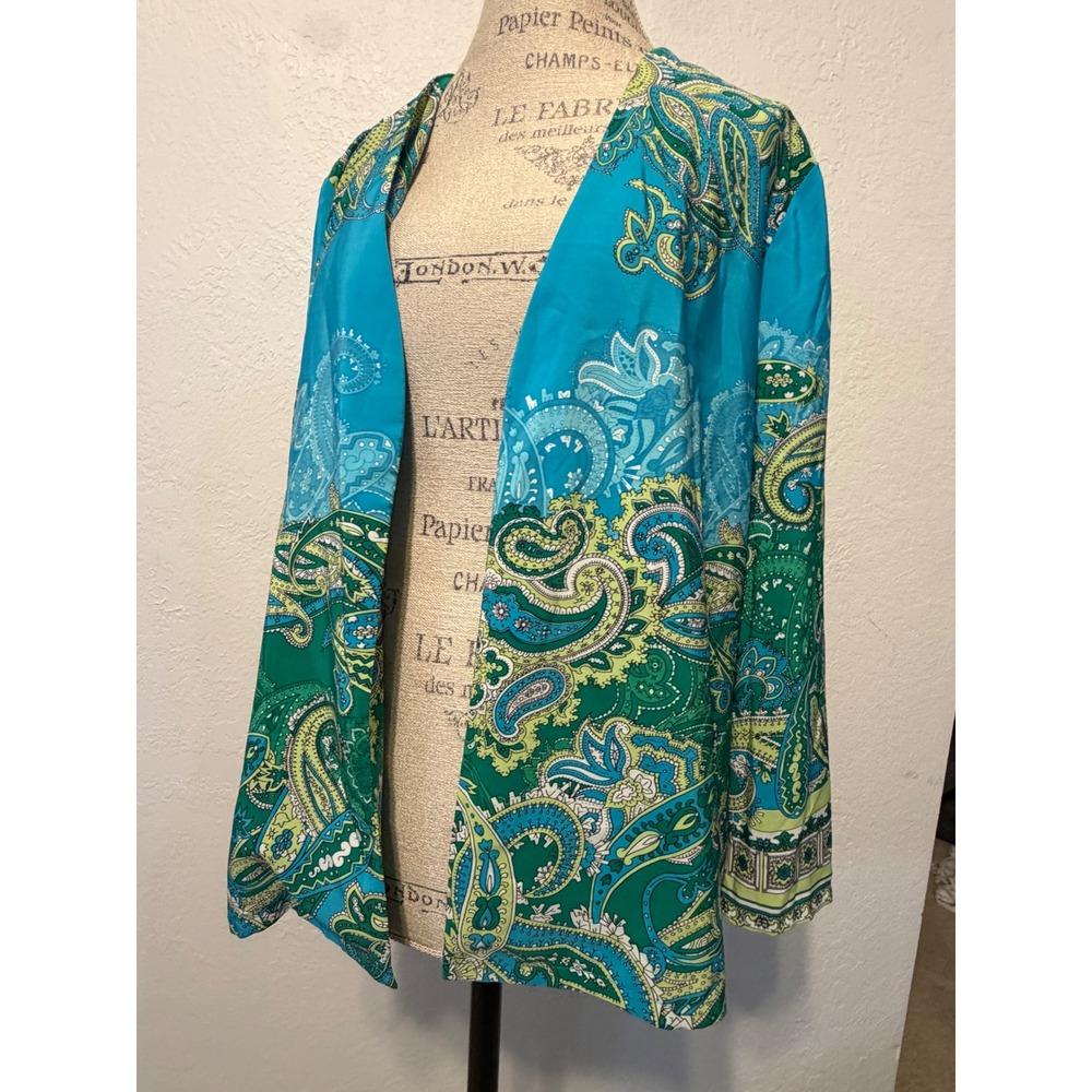 Chicos Paisley Open Front Cardigan Turquoise Green Blue Size 3 XL 4501137894